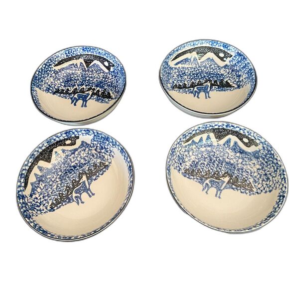 Set of 4 VTG Tienshan Folk Craft Wolf Blue Sponge Pottery Soup Cereal Bowls - Picture 1 of 4